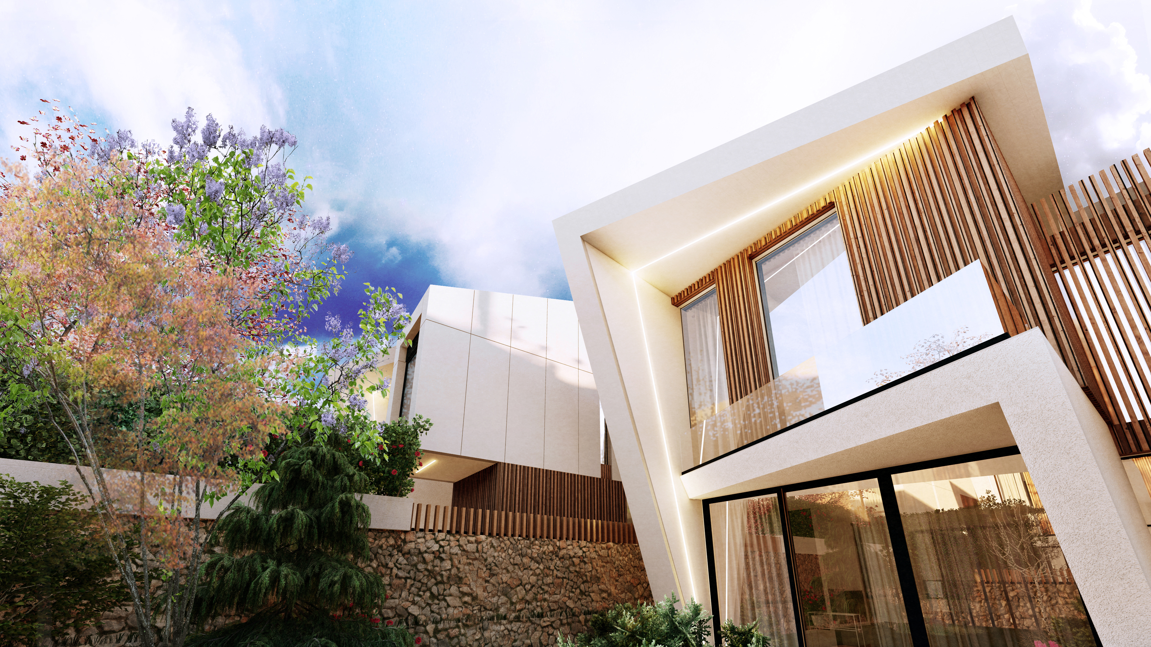 Perla Garden house lit at dusk in Tirana, timber slats wrapping the upper volume