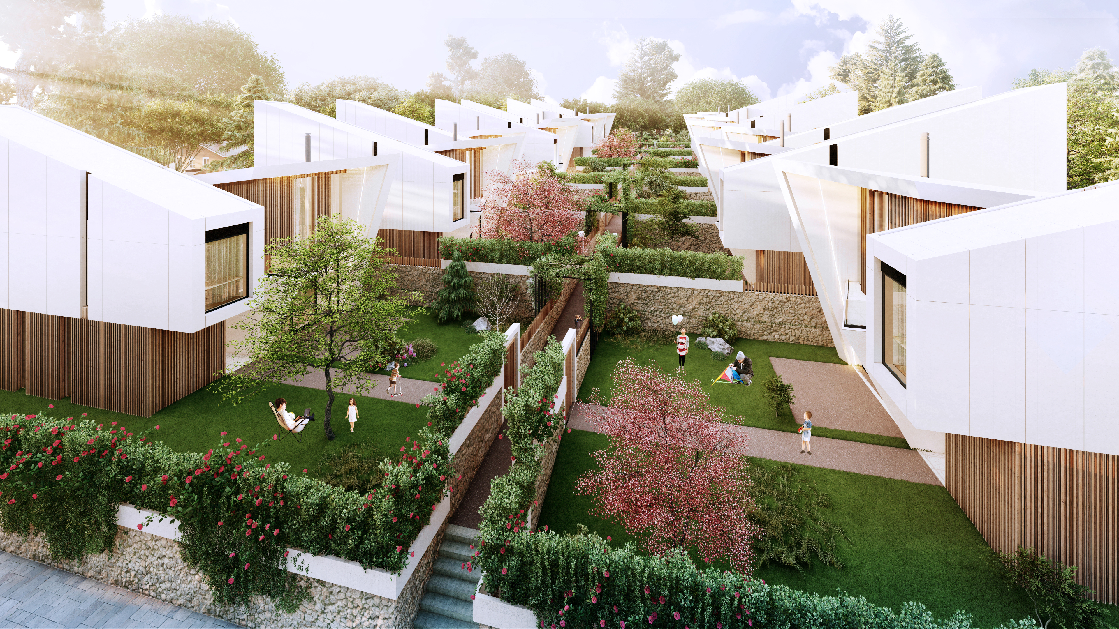 Aerial view of the terraced gardens at Perla Garden, Tirana, a stepped path threading between houses