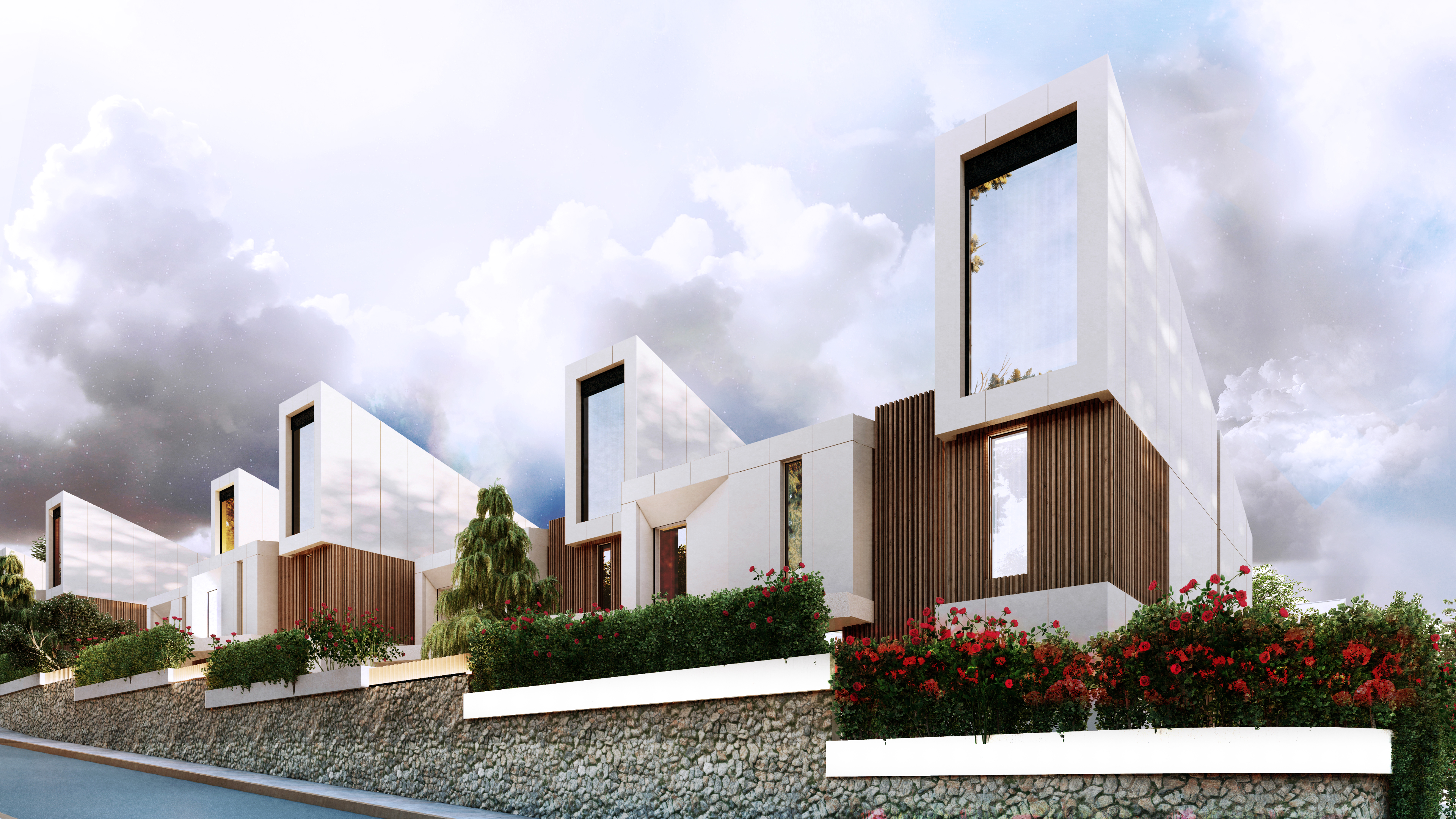 Row of Perla Garden houses in Tirana under heavy cloud, red flowers along the retaining wall