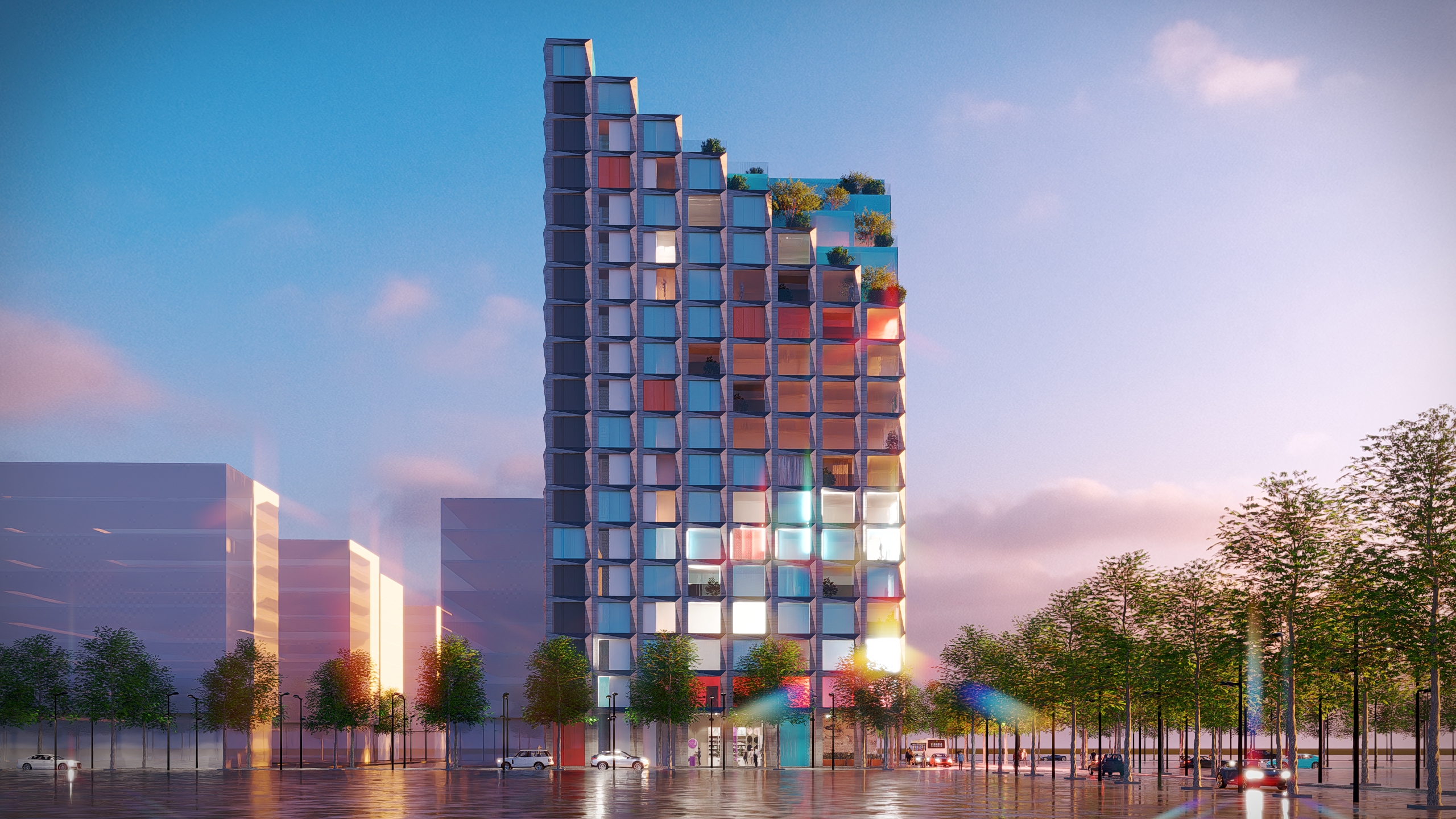 Voxel Residence rising above a wet plaza in Tirana, low sun catching the voxel facade
