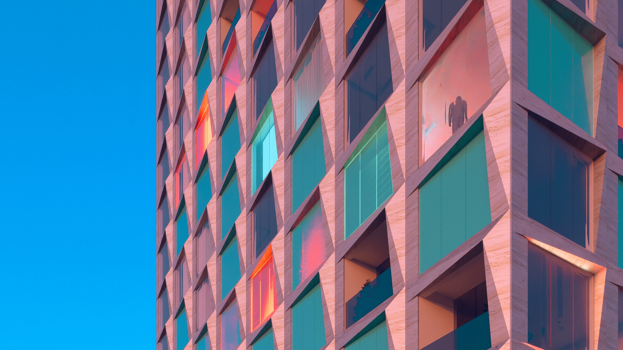 Close view of the Voxel Residence facade in Tirana, deep window reveals in teal, pink and blue