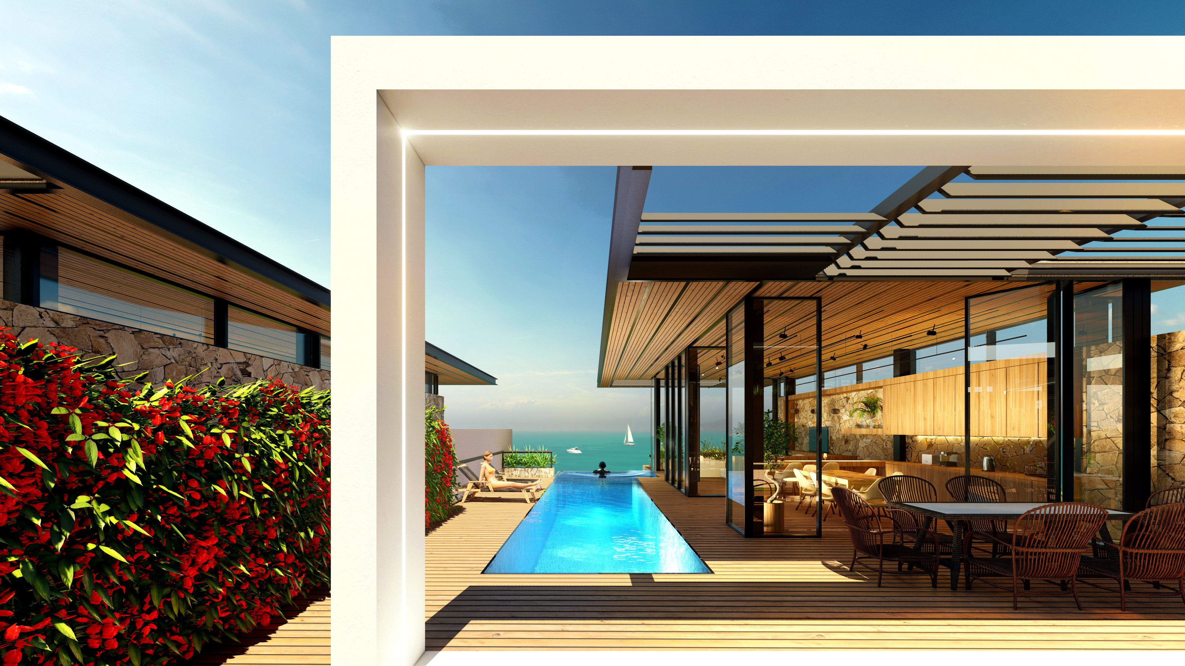 Infinity pool and glazed living pavilion at Senia Residence, Dhërmi, looking out over the Albanian coast