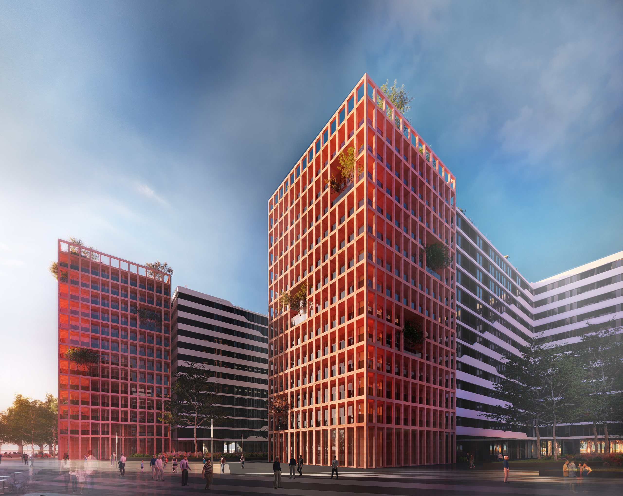 Street view of Cornelian Residence, Vora, red gridded blocks meeting a white banded facade above a public plaza