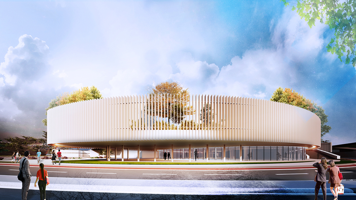 Daytime view of the white louvred ellipse at Online Retail Services in Vora, Albania, with trees planted on its roof