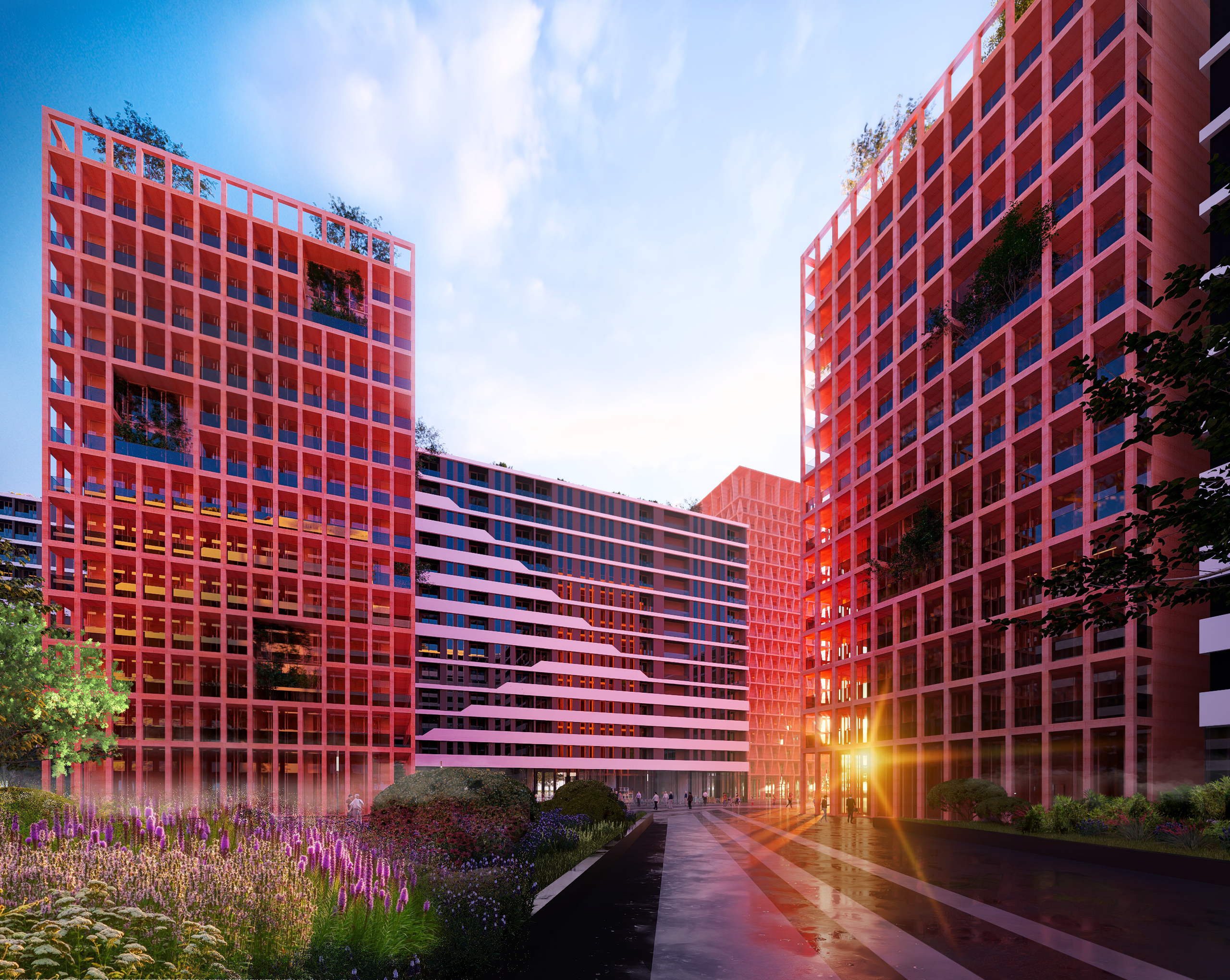 Landscaped courtyard between the red lattice blocks of Cornelian Residence, Vora, at sunset