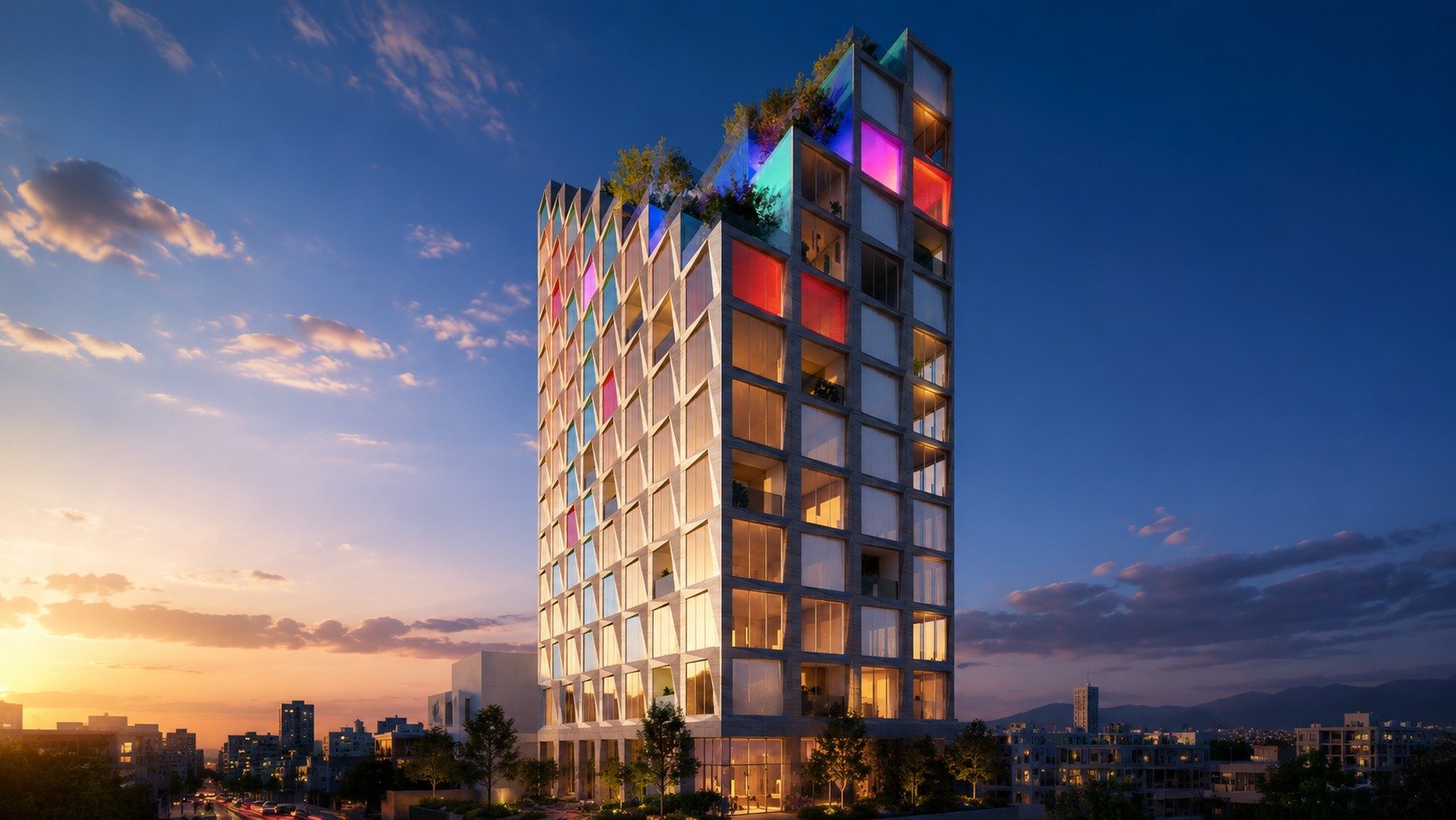 Voxel Residence at sunset above the Tirana skyline, its planted crown silhouetted