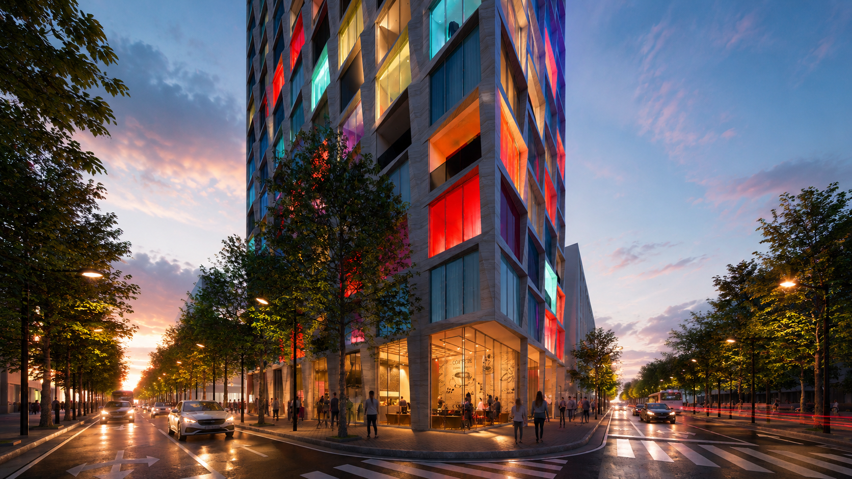 Street-level view of Voxel Residence along a tree-lined Tirana avenue at dusk