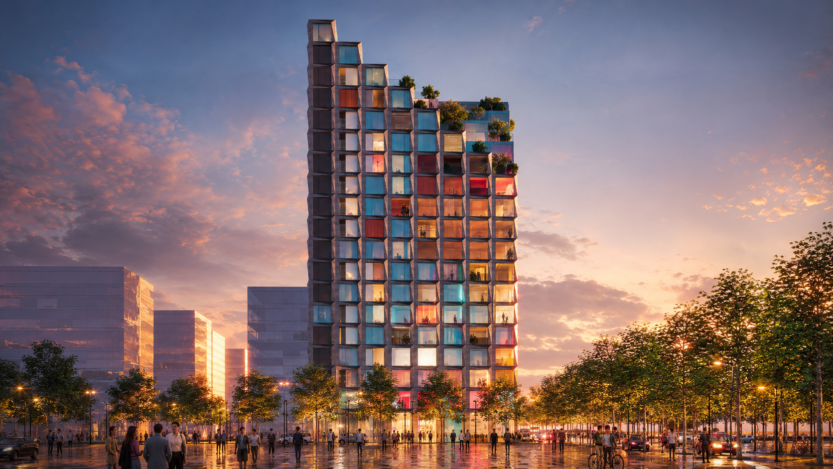 Voxel Residence seen across the boulevard in Tirana at dusk, people passing below the lit tower