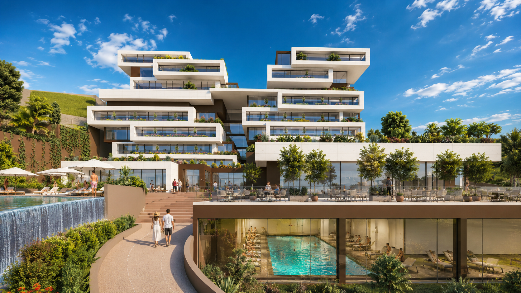 The stepped white terraces of the Green Amphitheater, Durrës, above the pool and waterfall