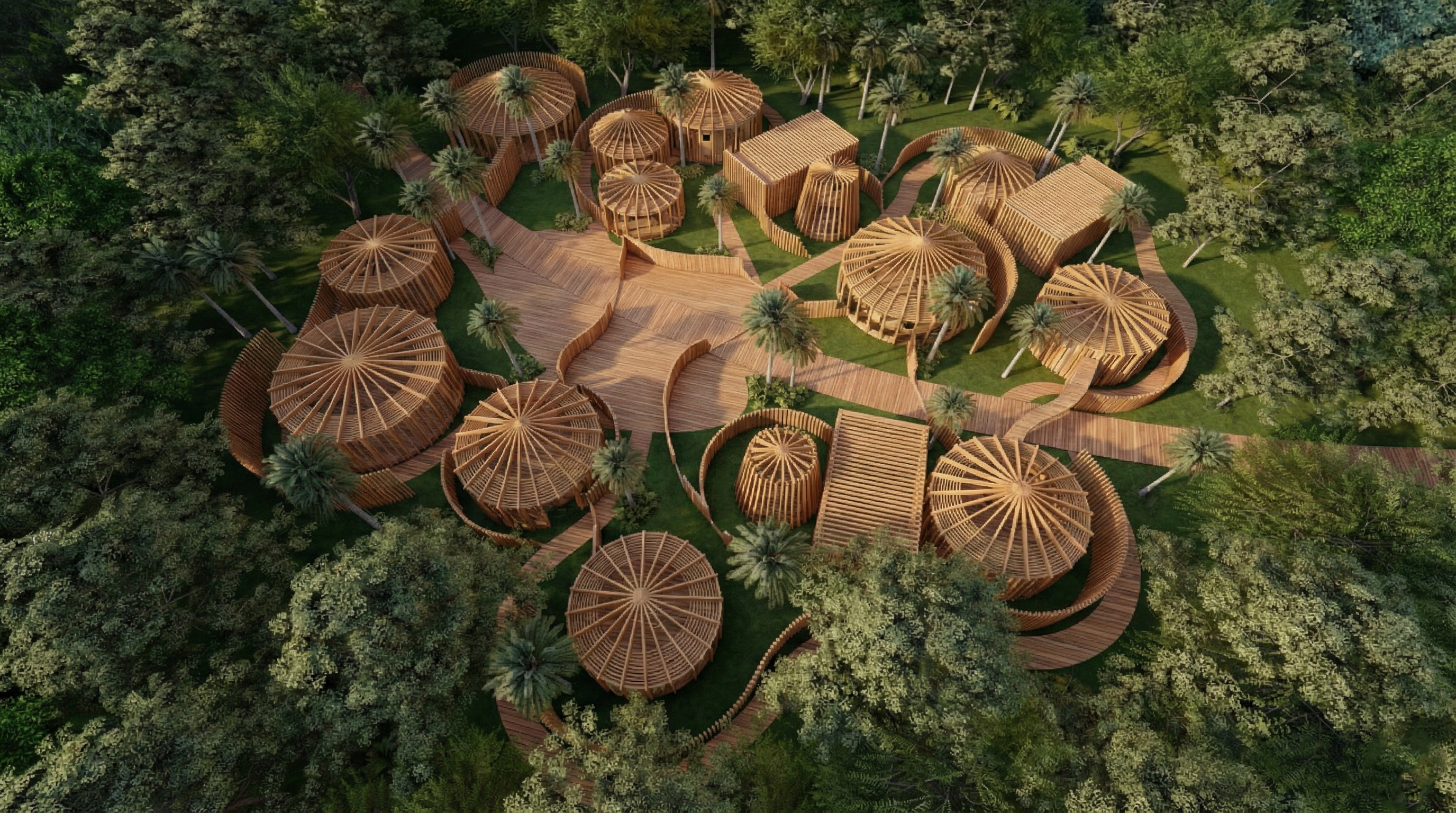 Aerial view of the Bantu Museum in Ebolowa, round timber-roofed pavilions linked by curving decks