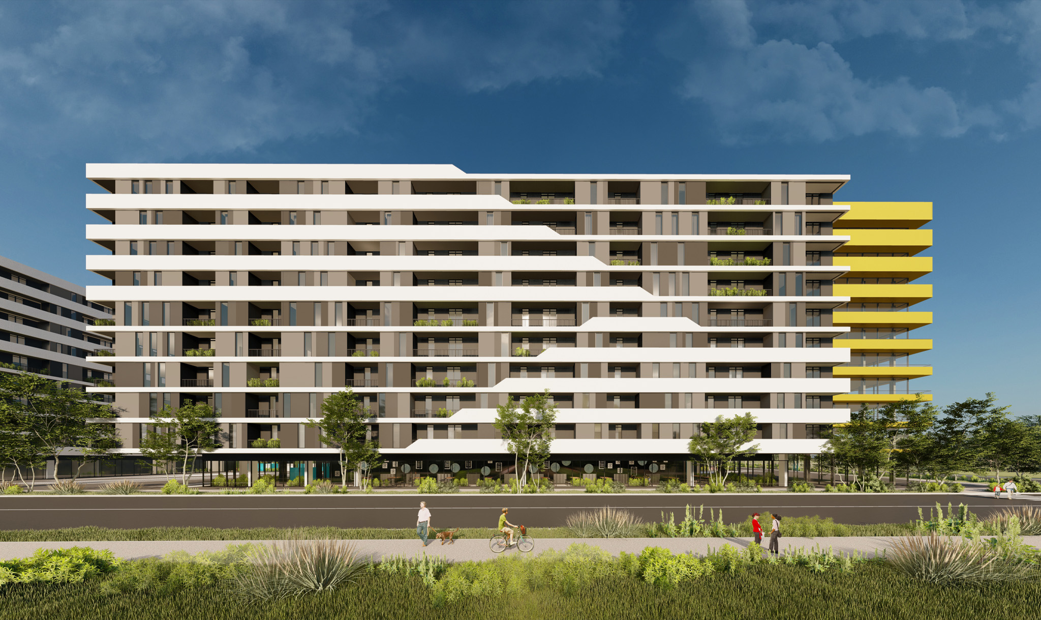 Long banded facade of Sunflower Residences, Tirana, with a yellow balcony stack at its end