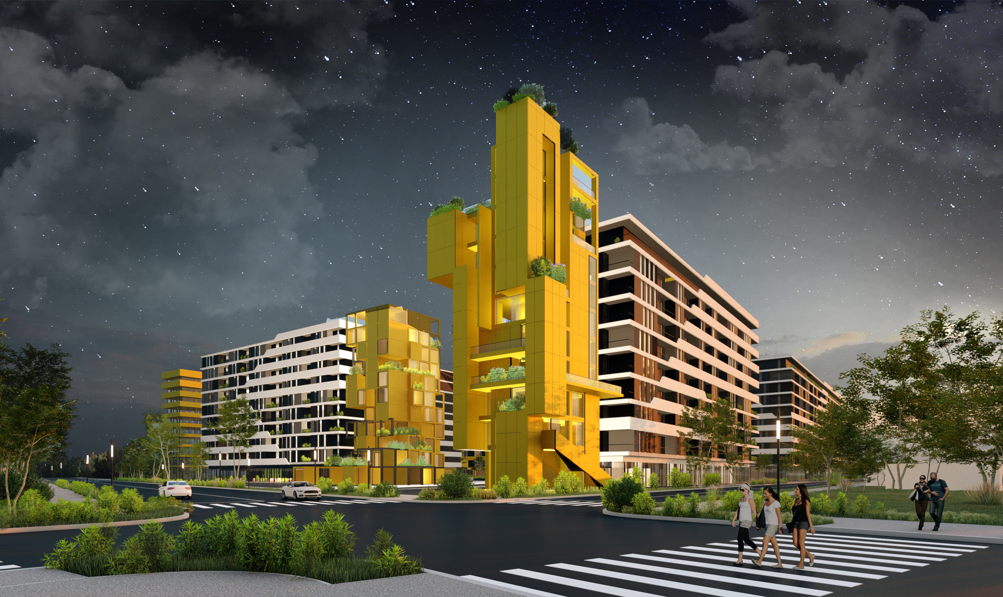 Night view of Sunflower Residences, Tirana, the yellow tower lit above the crossing
