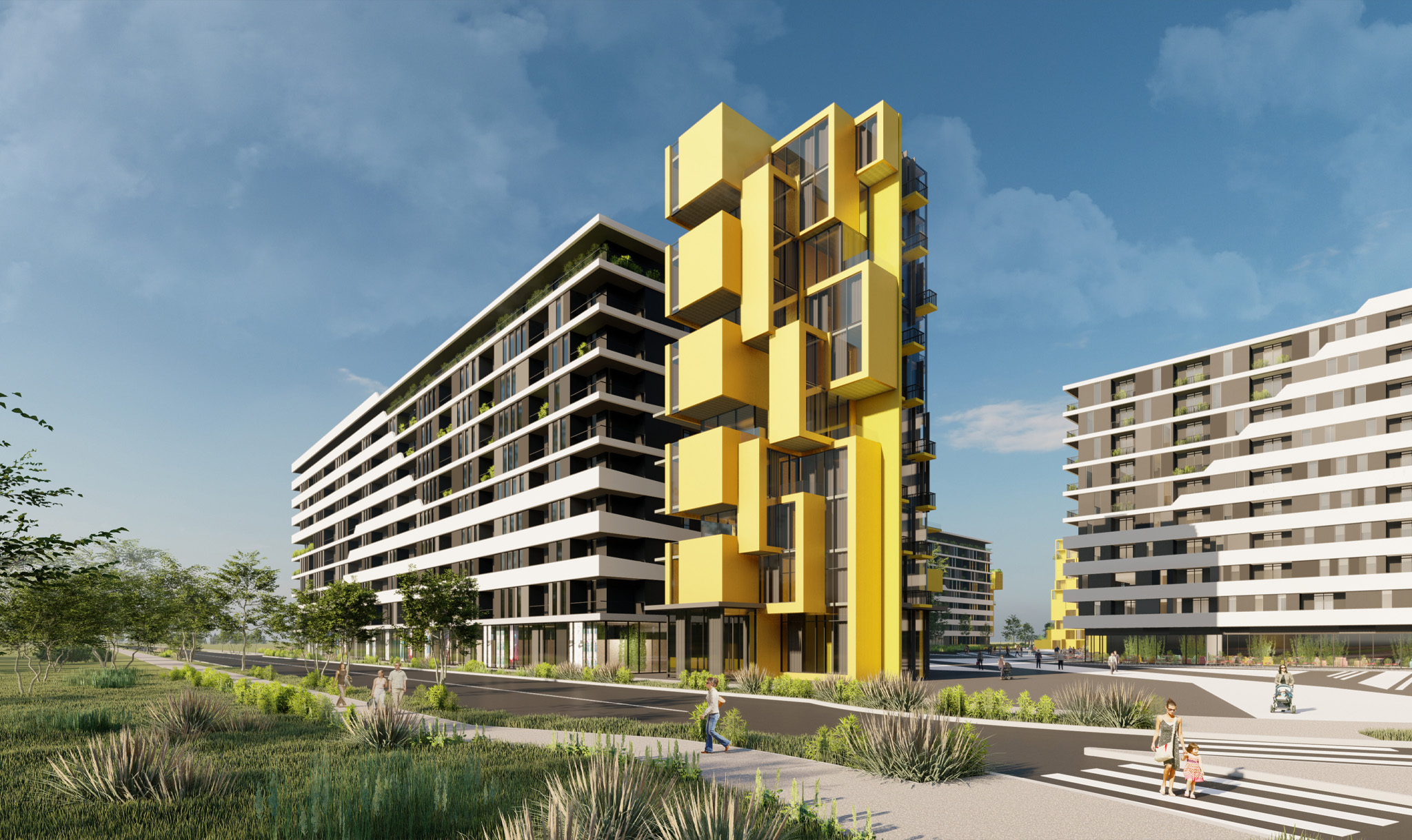 Sunflower Residences in Tirana, the yellow tower rising between white banded blocks