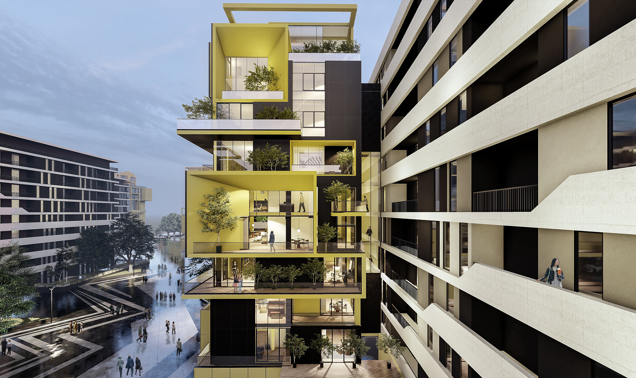 Yellow stacked balconies at Sunflower Residences, Tirana, set against the banded apartment facade