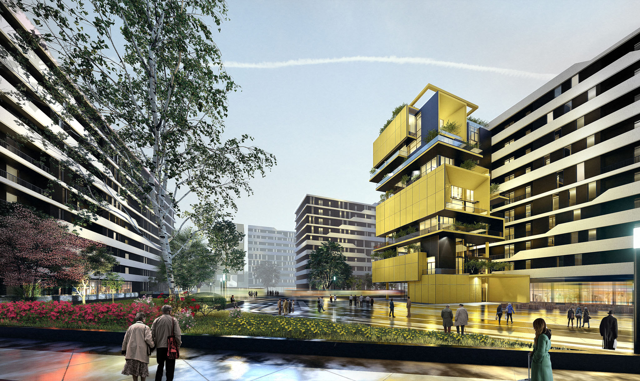 Sunflower Residences in Tirana seen across the water, the yellow tower marking the corner