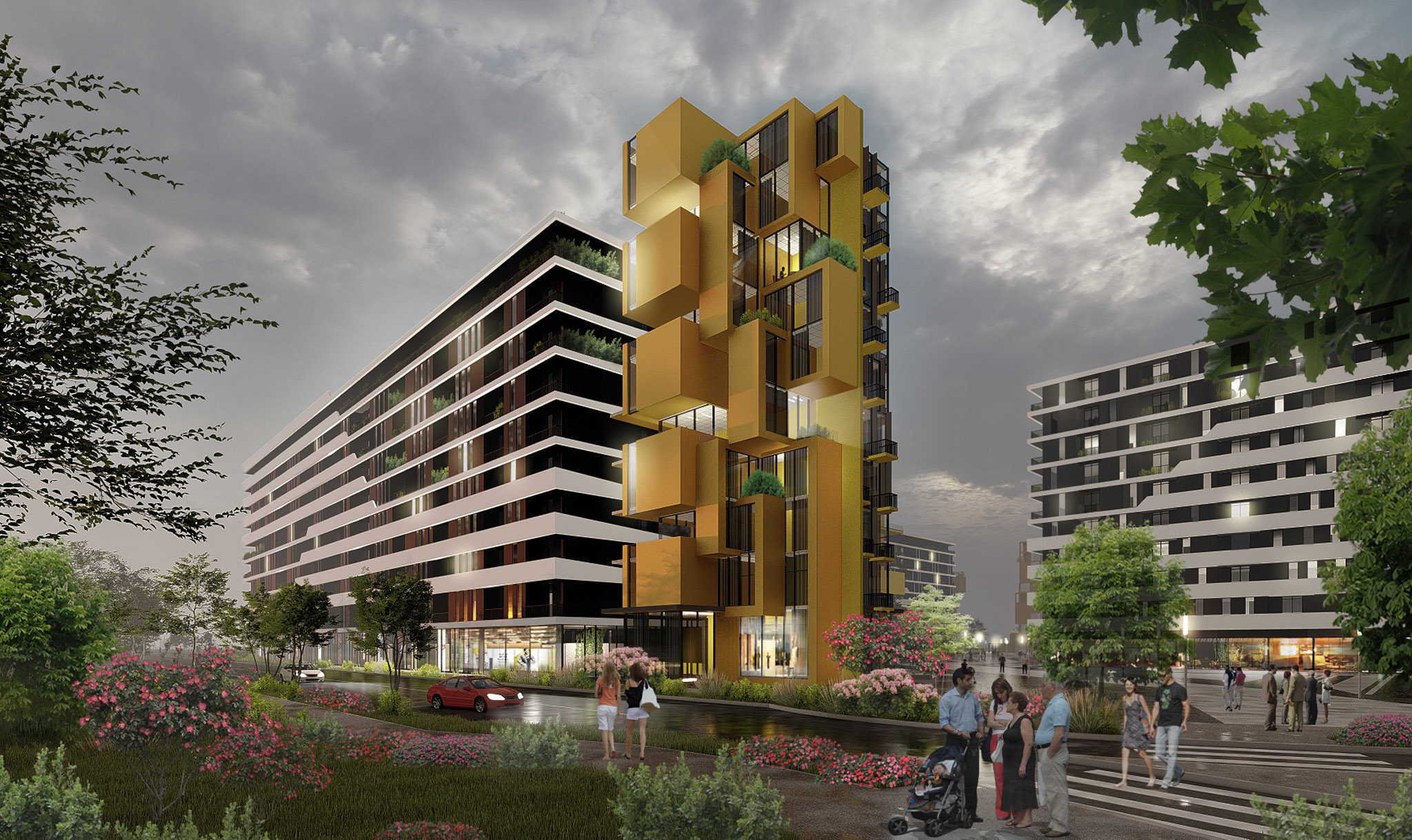 The yellow tower and long banded block of Sunflower Residences, Tirana, under heavy cloud