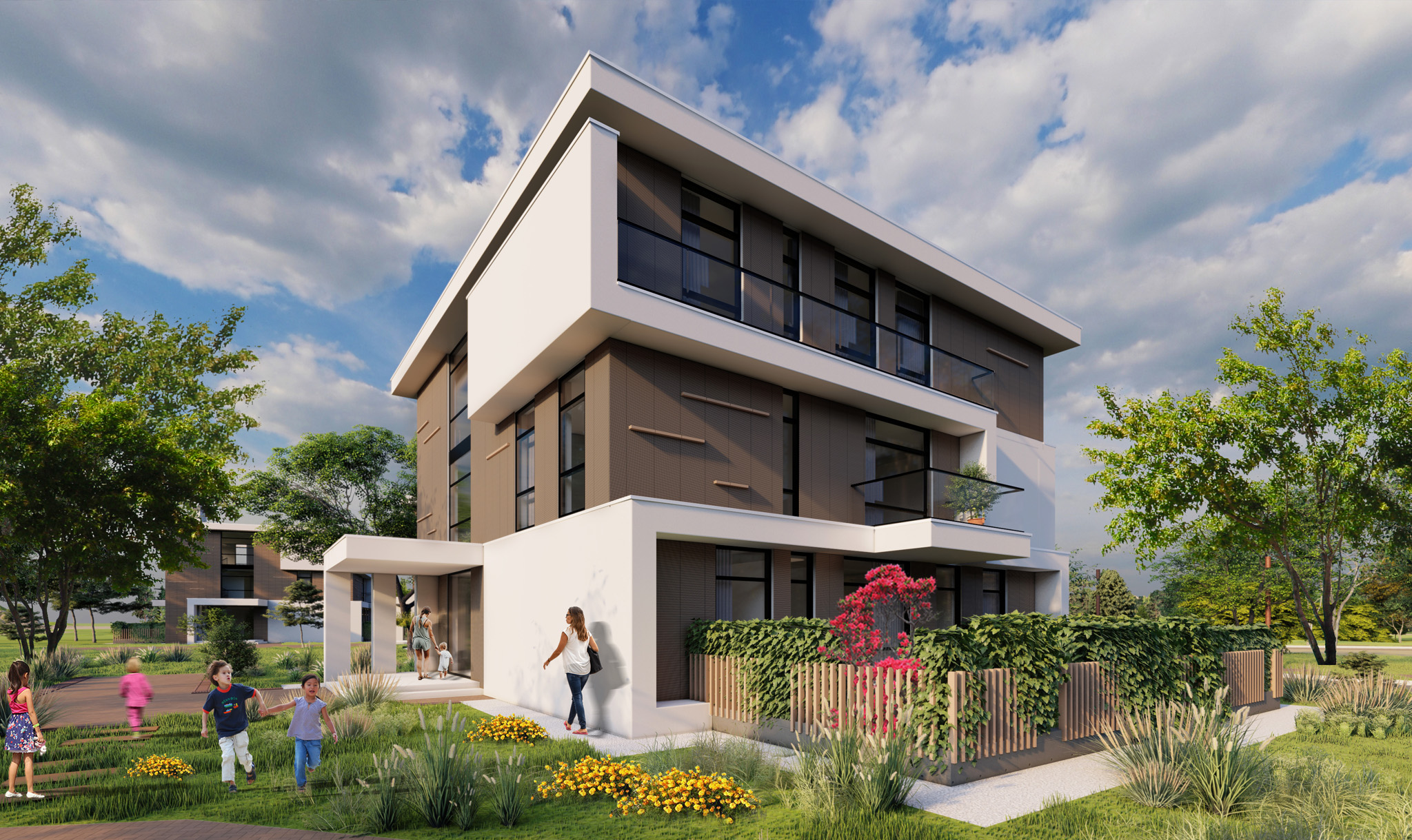 Tulipan Residence villa in Tirana, white and timber volumes above a planted front garden