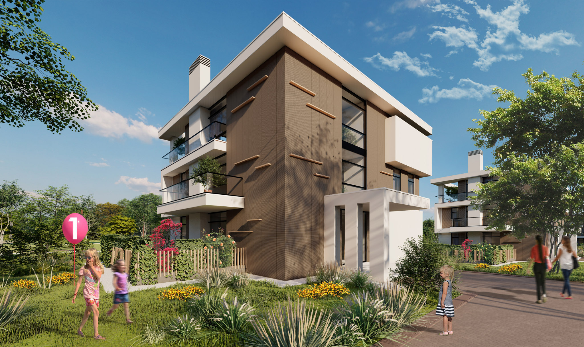 Tulipan Residence in Tirana, children with a balloon on the path beside the villas