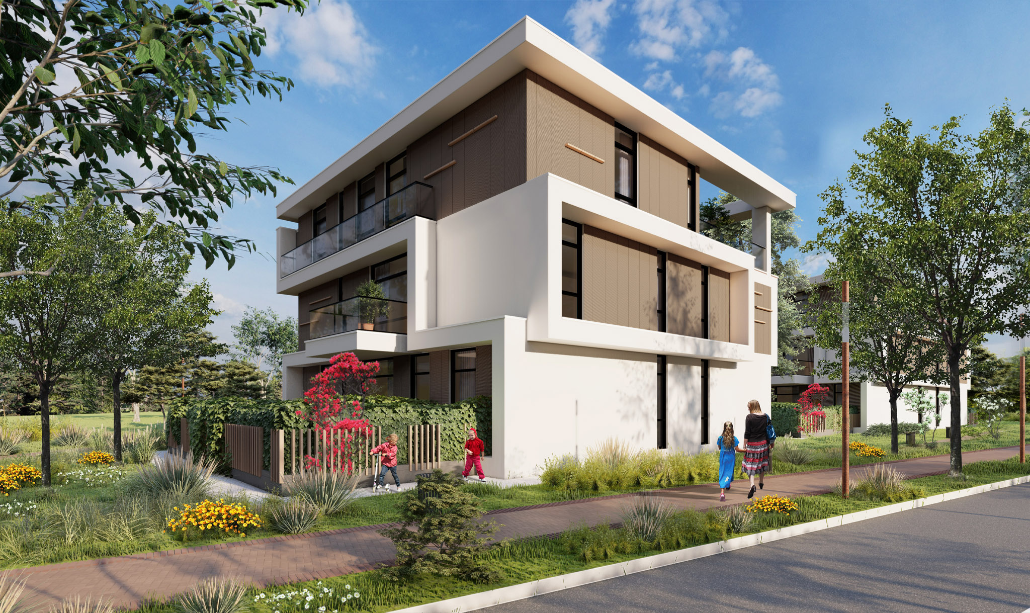 Street view of a Tulipan Residence villa in Tirana, red flowers along the garden fence