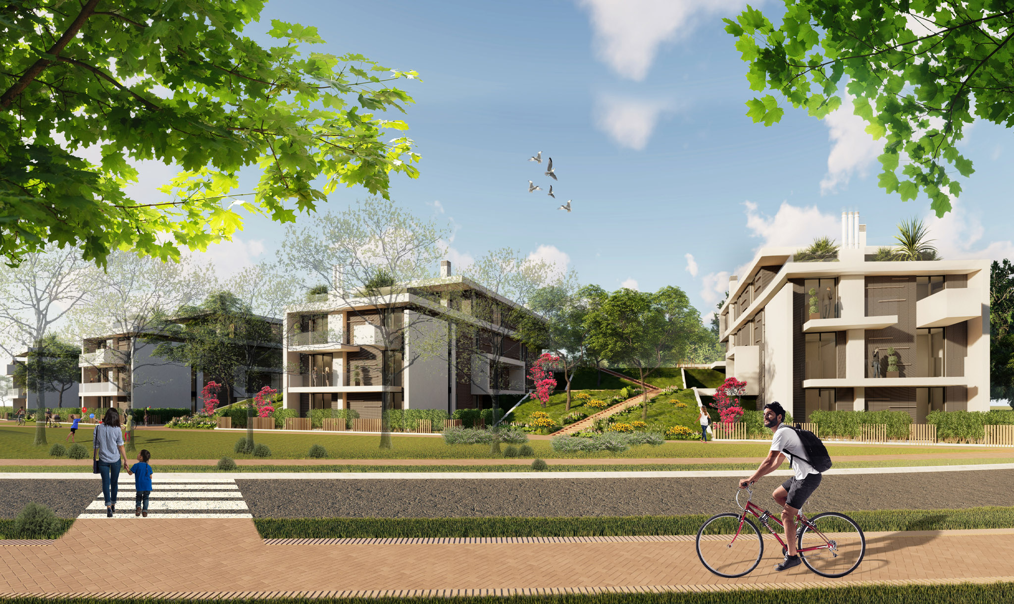Tulipan Residence villas across the lawn in Tirana, a cyclist on the path between them