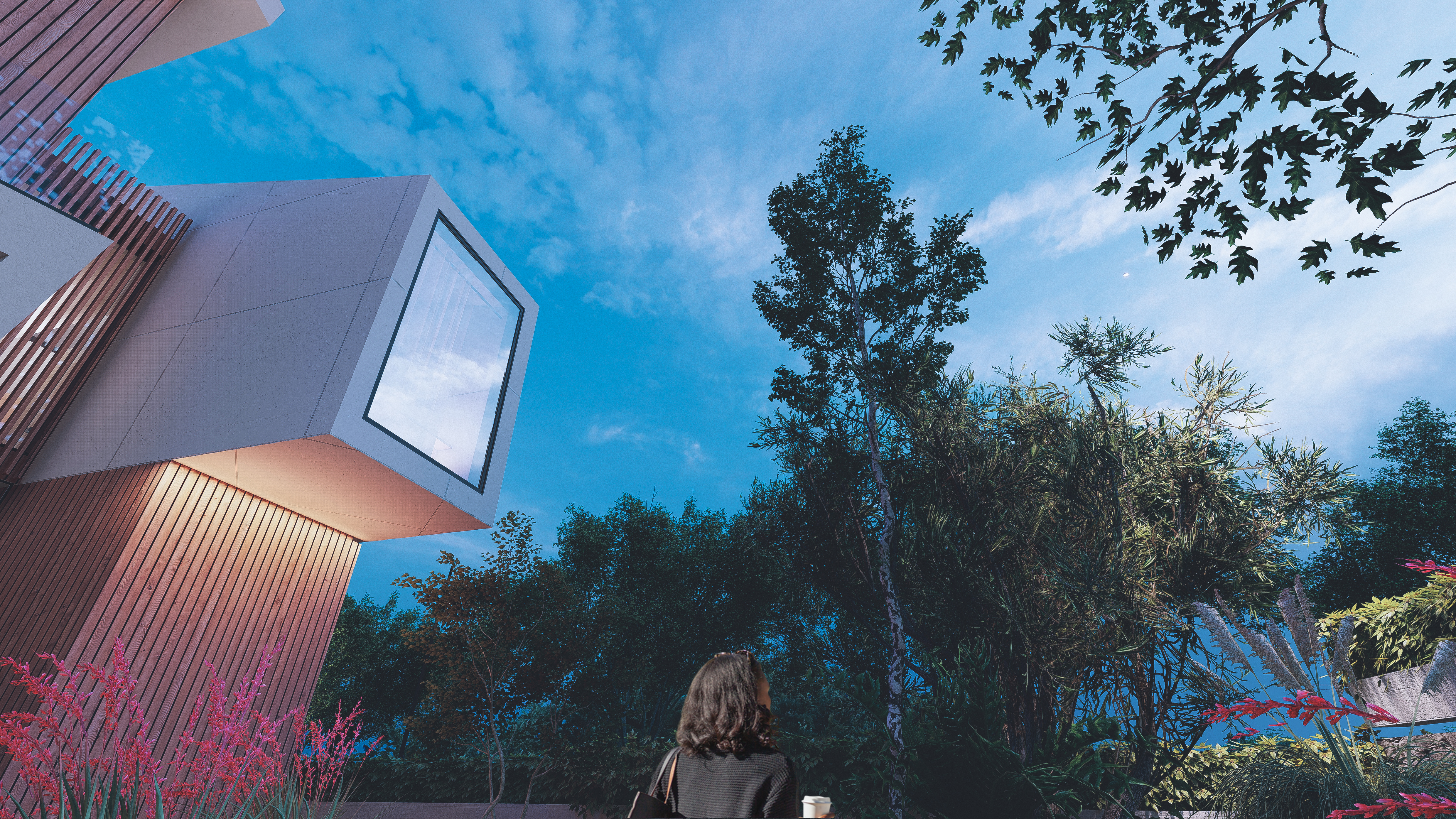 Angular white volume of a Perla Garden house cantilevering above the garden in Tirana