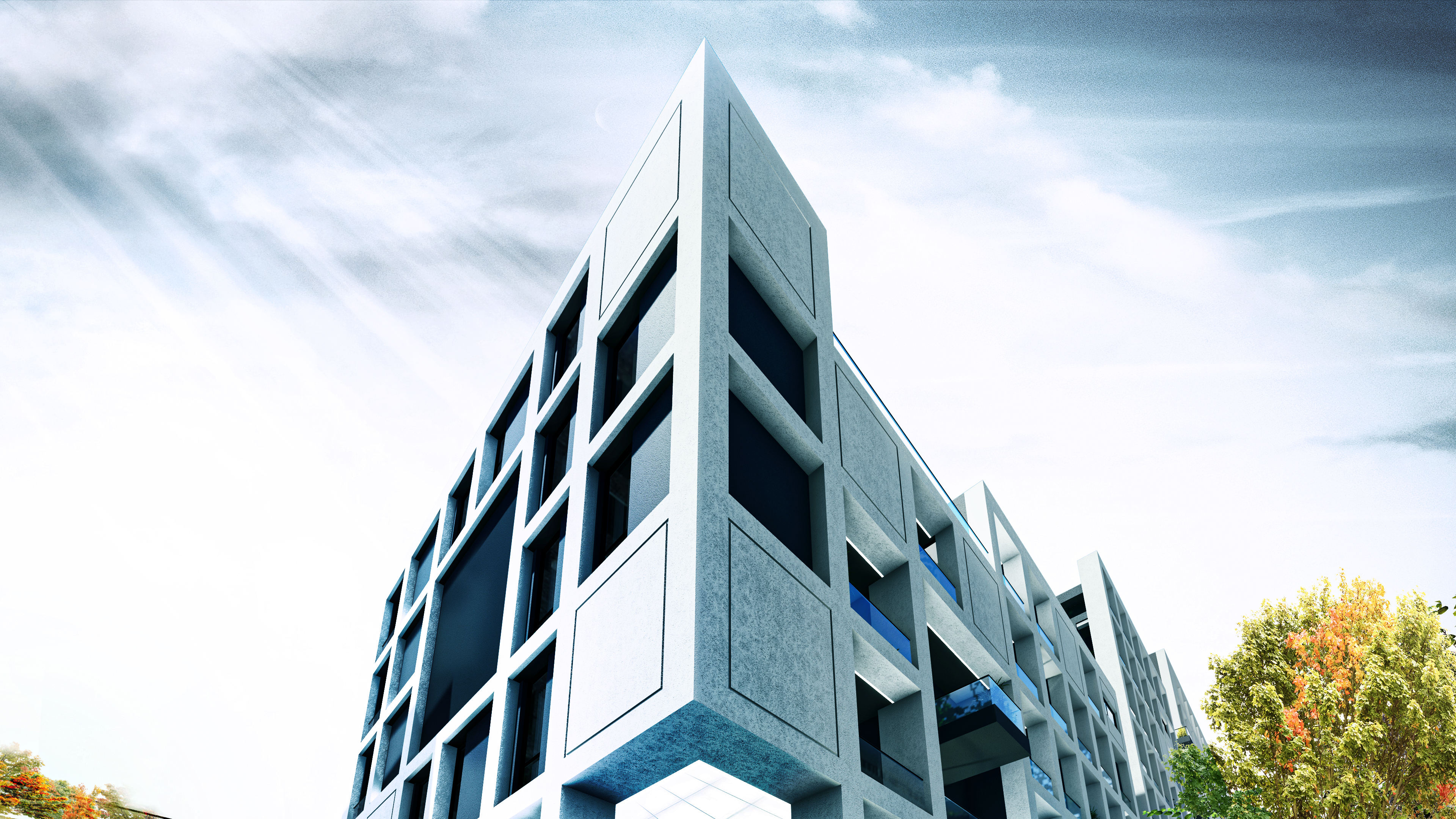 Looking up the white and blue gridded facade of Koi Residence in Tirana