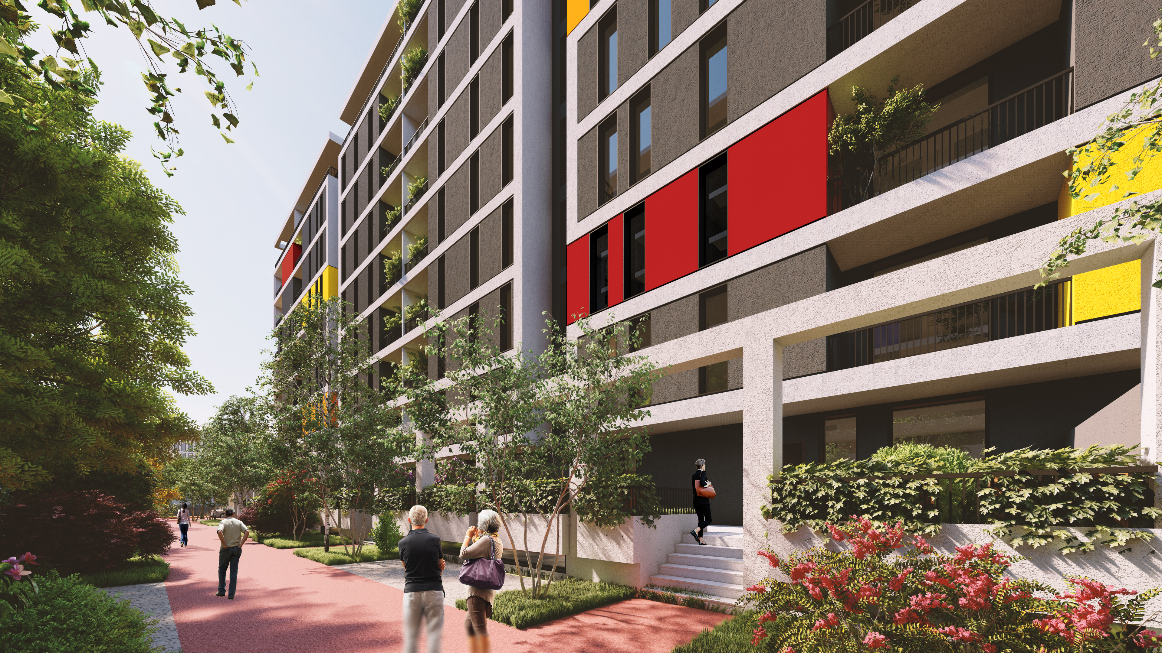 Planted pedestrian path beside ALES in Tirana, red and yellow panels in the facade