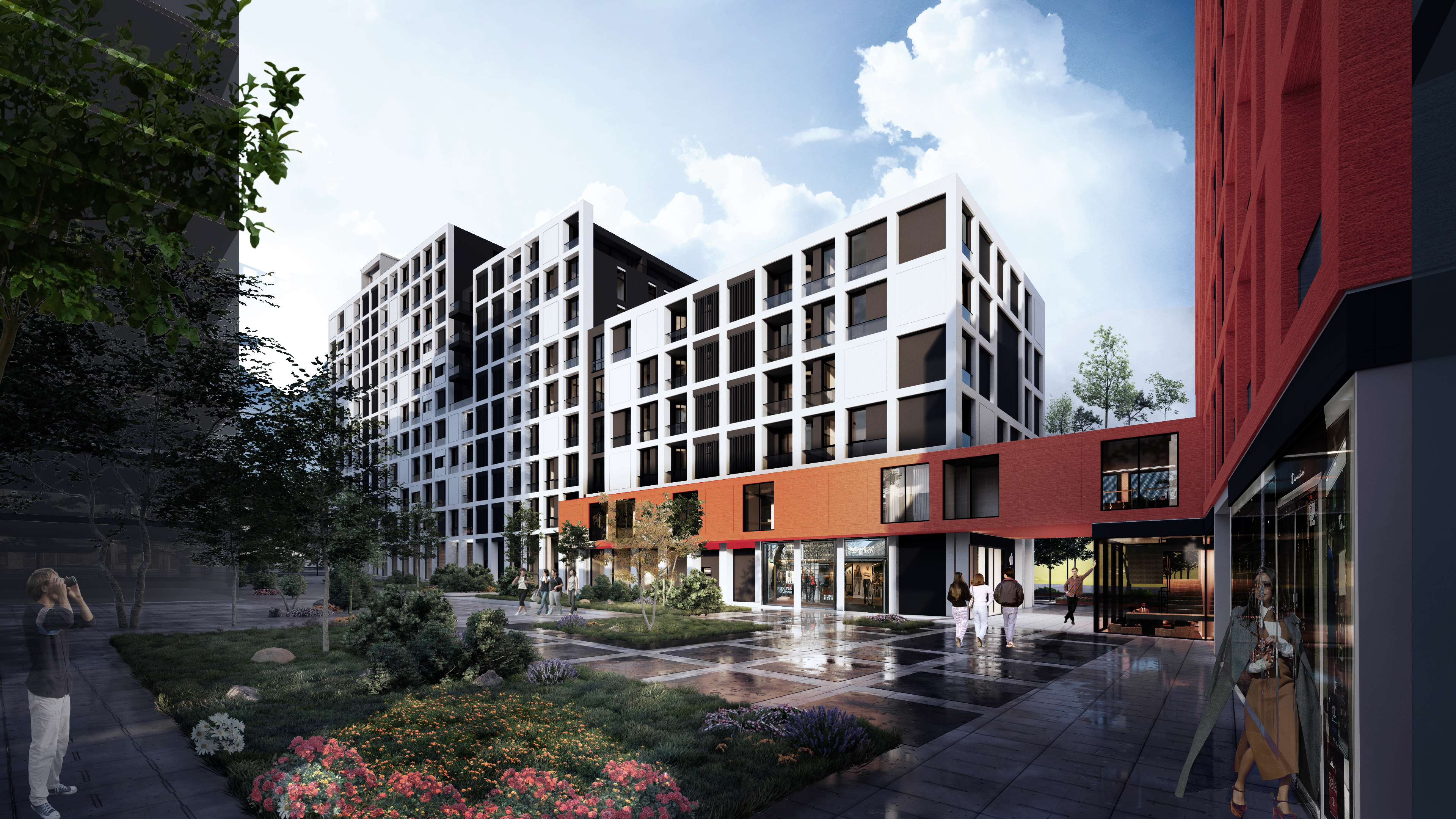Planted courtyard at Koi Residence, Tirana, white and terracotta apartment blocks at dusk