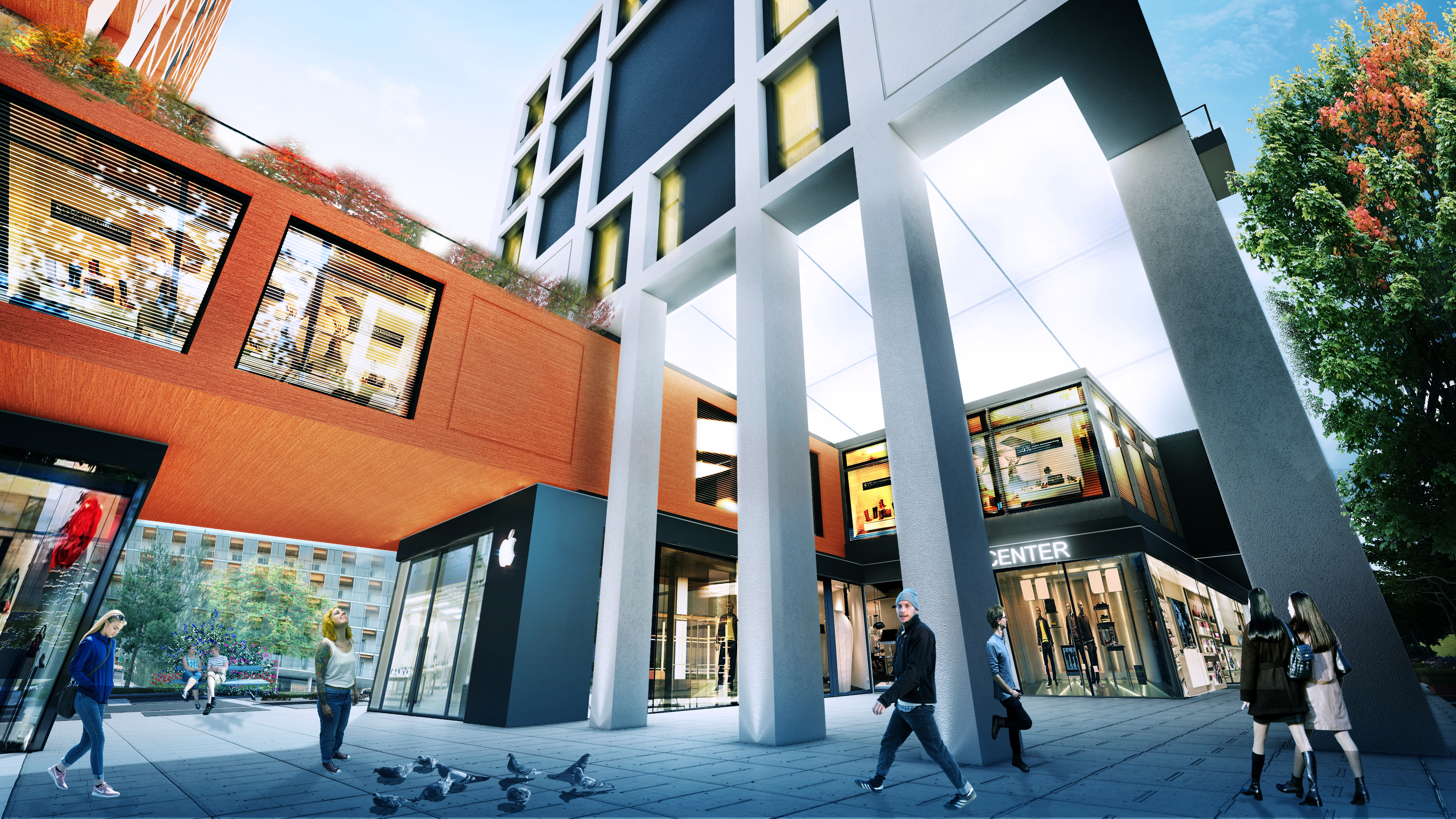 Retail arcade at Koi Residence, Tirana, angled white columns carrying the housing above the shops