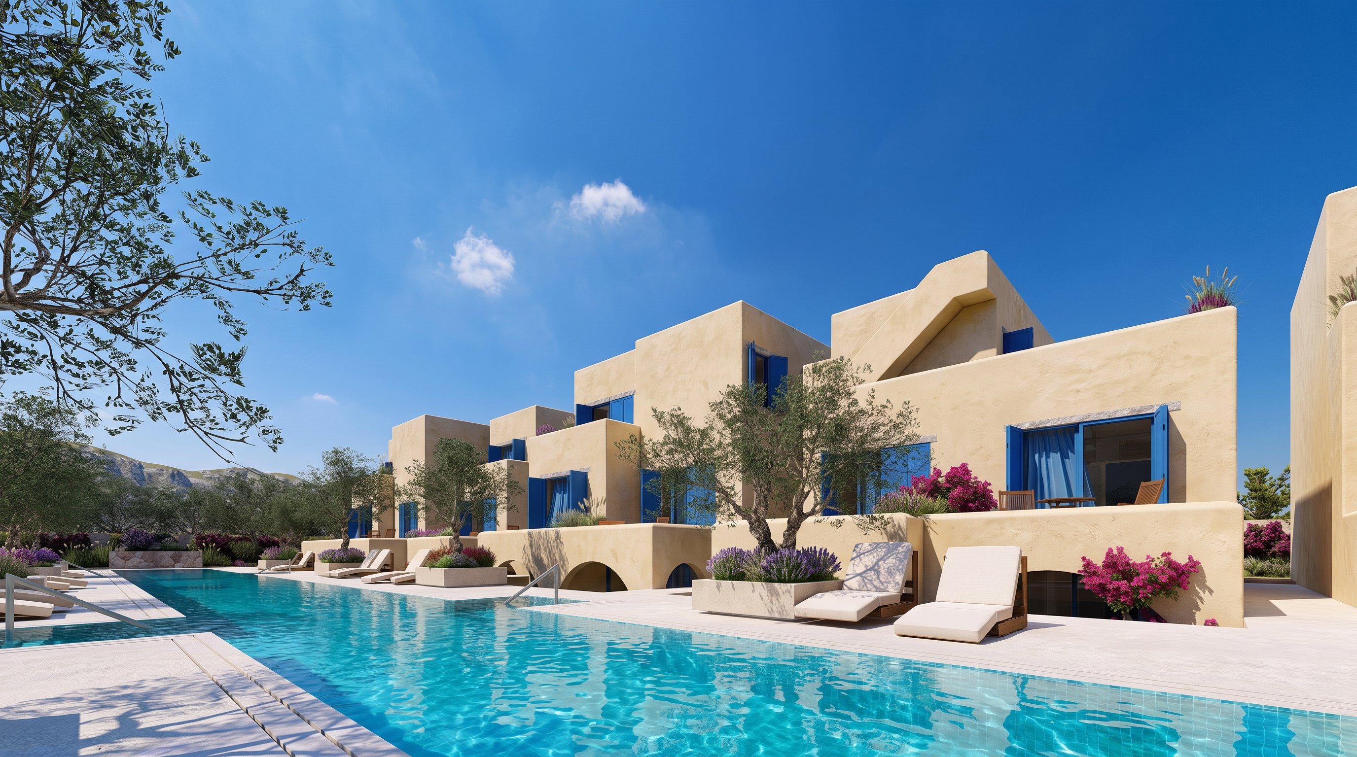 Whitewashed villas with blue shutters around the bright pool at the Aquamarine resort, Qeparo