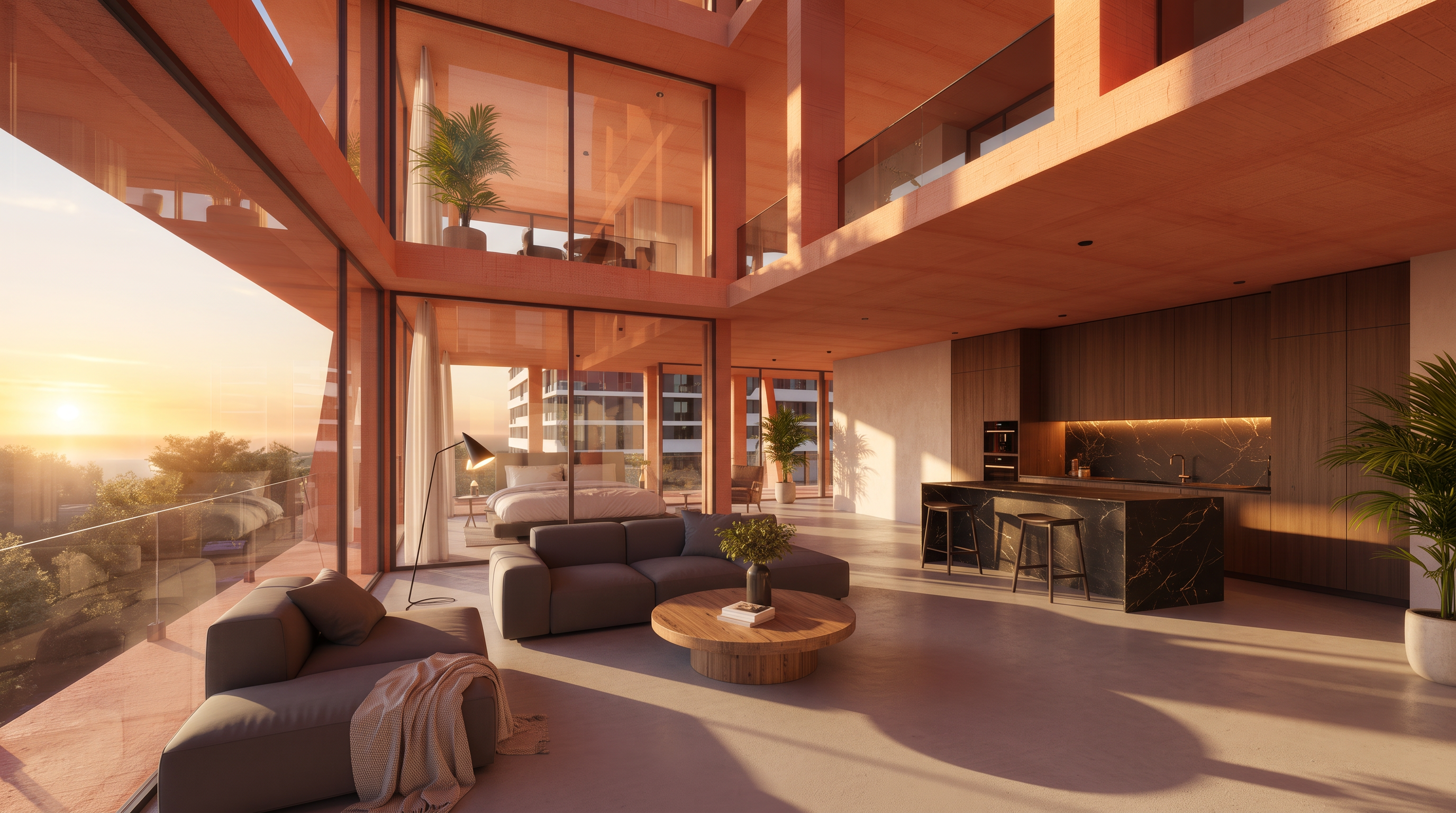 Double-height living room at Cornelian Residence, glazing opening to a terrace beside an open-plan kitchen