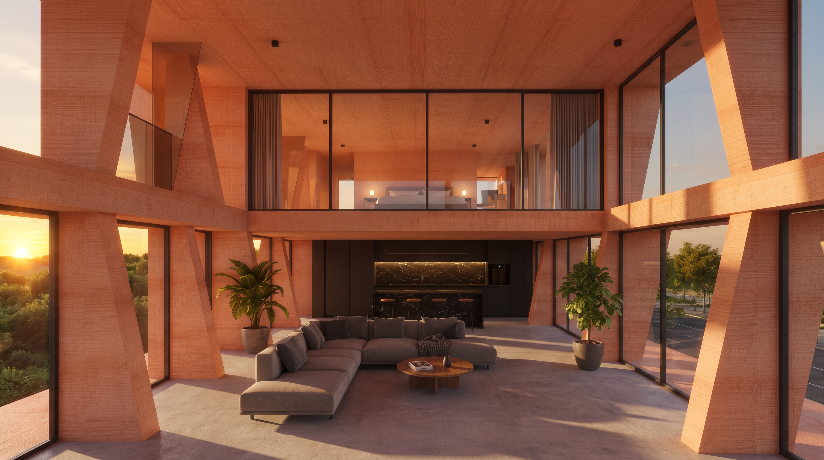 Cornelian Residence interior, angled structural columns framing a glazed corner above the seating area