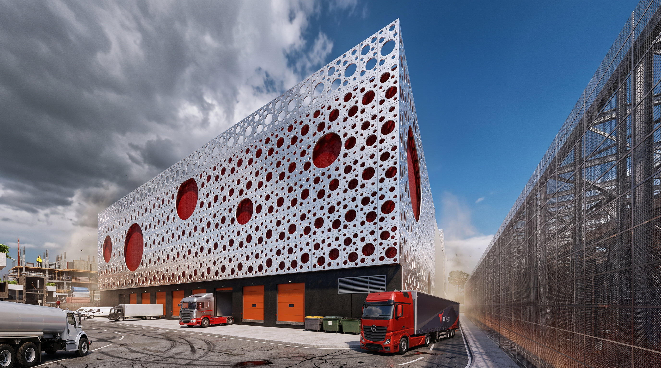 Perforated red and white circle-pattern facade at Online Retail Services in Vora, Albania, lorries at the loading docks